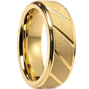 ***COI Gold Tone Tungsten Carbide Diagonal Grooves Sandblasted Step Edges Ring-01712A