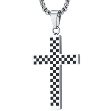 ***COI Titanium Black/Silver Checkered Flag Cross Pendant-01717A