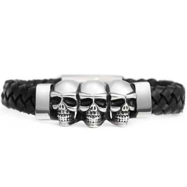 ***COI Titanium Black Silver Skull Genuine Leather Bracelet With Steel Clasp(Length: 8.27 inches) -01722A