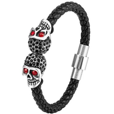 ***COI Titanium Black Silver Skull Cubic Zirconia Genuine Leather Bracelet With Steel Clasp(Length: 8.27 inches) -01725A