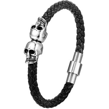 ***COI Titanium Black/Gold Tone/Silver Skull Genuine Leather Bracelet With Steel Clasp(Length: 8.27 inches) -01726A