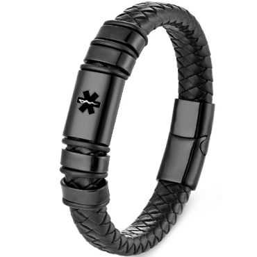 ***COI Black Titanium Medical Alert Genuine Leather Bracelet With Steel Clasp(Length: 8.27 inches) -01727A