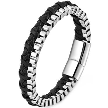 ***COI Titanium Black/Silver Genuine Leather Bracelet With Steel Clasp(Length: 8.27 inches) -01732A