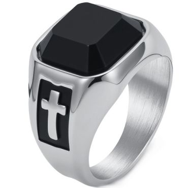 ***COI Titanium Black Gold Tone/Silver Cross Ring With Black Onyx-01739A