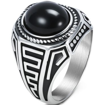 ***COI Titanium Black/Silver Greek Key Pattern Ring With Black Onyx-01740A