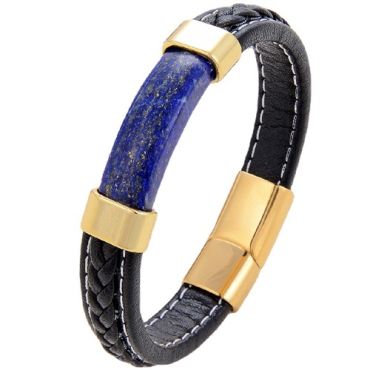 ***COI Titanium Gold Tone/Silver Lapis Lazuli Genuine Leather Bracelet With Steel Clasp(Length: 8.27 inches)-01747A