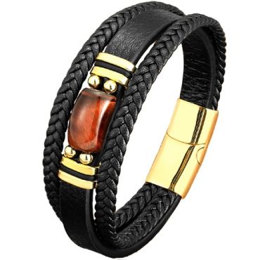 ***COI Gold Tone Titanium Tiger Eye Genuine Leather Bracelet With Steel Clasp(Length: 8.27 inches)-01748A