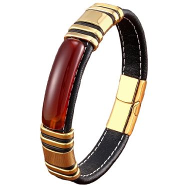 ***COI Gold Tone Titanium Tiger Eye Genuine Leather Bracelet With Steel Clasp(Length: 8.27 inches)-01749A