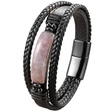 ***COI Black Titanium Pink Onyx Genuine Leather Bracelet With Steel Clasp(Length: 9.06 inches)-01750A