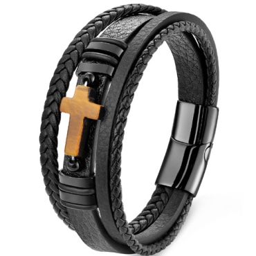 ***COI Black Titanium Tiger Eye Cross Genuine Leather Bracelet With Steel Clasp(Length: 8.27 inches)-01751A
