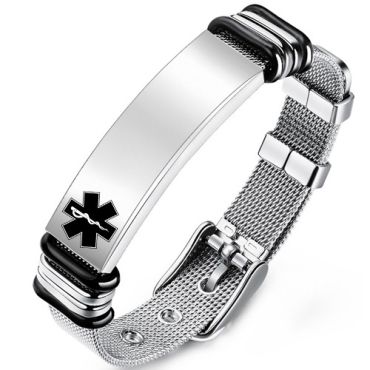 ***COI Titanium Black Silver Medical Alert Bracelet With Steel Clasp(Length: 8.27 inches)-01757A