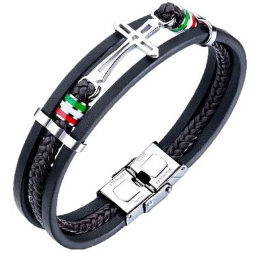***COI Titanium Cross Genuine Leather Bracelet With Steel Clasp(Length: 8.27 inches)-01758A