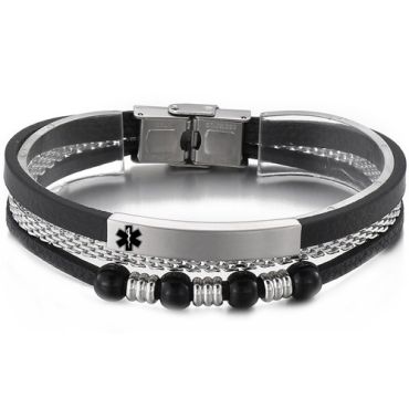 ***COI Titanium Black/Silver Medical Alert Genuine Leather Bracelet With Steel Clasp(Length: 8.27 inches)-01762A