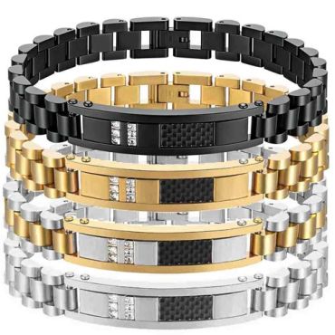 ***COI Titanium Black/Gold Tone/Silver Carbon Fiber Cubic Zirconia Bracelet With Steel Clasp(Length: 8.27 inches)-01765A