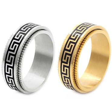 ***COI Titanium Black Gold Tone/Silver Greek Key Pattern Step Edges Ring-01769A