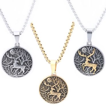 ***COI Titanium Black Gold Tone/Silver Deer Forest & Moon Pendant-01770A
