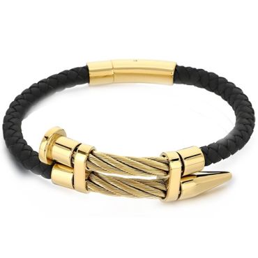 ***COI Titanium Black/Gold Tone/Silver Genuine Leather Bracelet With Steel Clasp(Length: 8.46 inches)-01897A