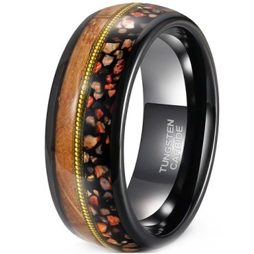 ***COI Tungsten Carbide Black Gold Tone Wire Ring With Koa Wood & Dinosaur Bone-01910A