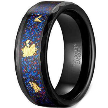 ***COI Black Tungsten Carbide Faceted Ring With Meteorite & Gold Foid-01919A