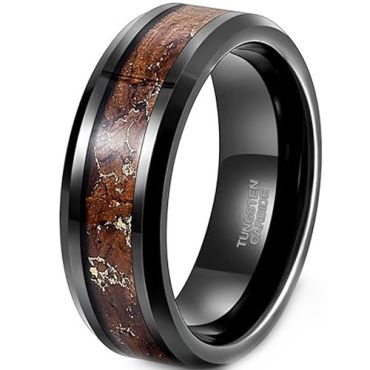 ***COI Black Tungsten Carbide Beveled Edges Ring With Koa Wood & Gold Foil-01924A