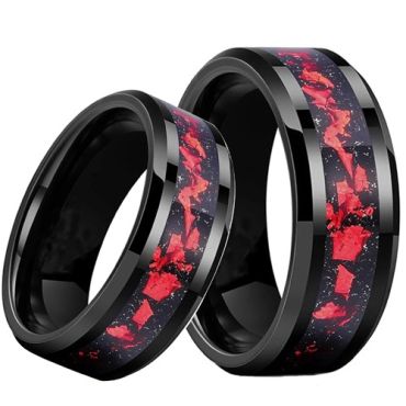 ***COI Black Tungsten Carbide Beveled Edges Ring With Meteorite & Red Coral-01938A