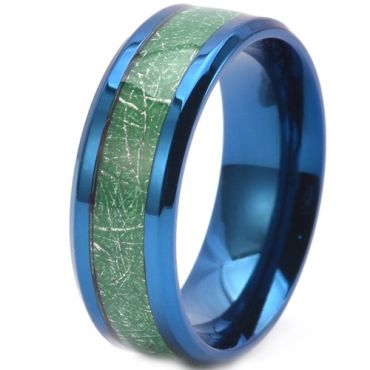***COI Blue Titanium Green Meteorite Beveled Edges Ring-01959A