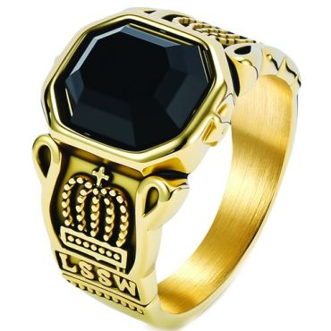 ***COI Titanium Black/Gold Tone/Silver Crown Ring With Black Onyx-01973A