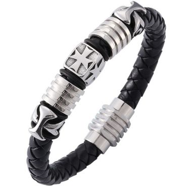 ***COI Titanium Cross Genuine Leather Bracelet With Steel Clasp(Length: 8.66 inches)-01978A