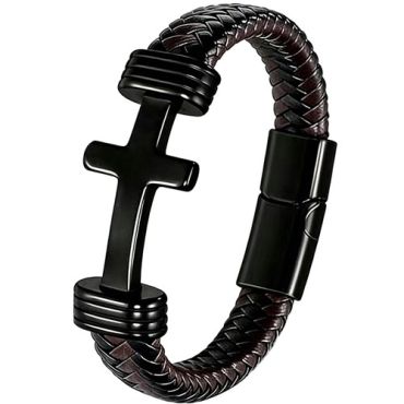 ***COI Titanium Black/Gold Tone/Silver Cross Genuine Leather Bracelet With Steel Clasp(Length: 9.06 inches)-01979A