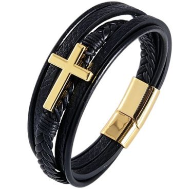 ***COI Titanium Black/Gold Tone/Silver Cross Genuine Leather Bracelet With Steel Clasp(Length: 8.46 inches)-01981A