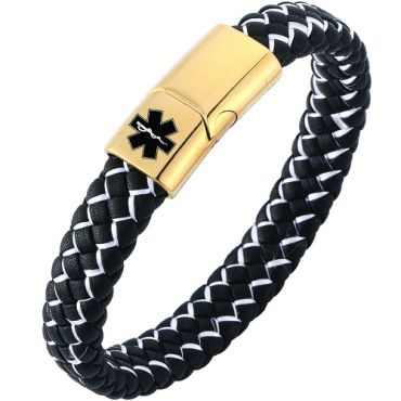 ***COI Gold Tone Titanium Medical Alert Genuine Leather Bracelet With Steel Clasp(Length: 8.27 inches)-01983A