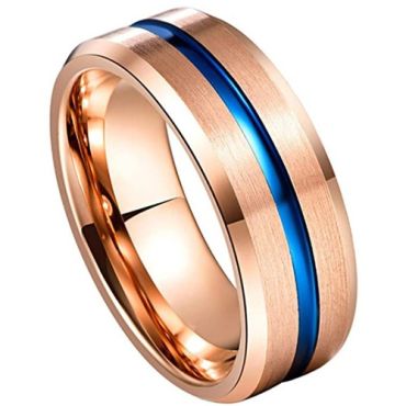 ***COI Tungsten Carbide Blue Rose Center Groove Beveled Edges Ring-02012A