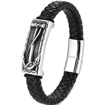 ***COI Titanium Black Silver Anchor Genuine  Leather Bracelet With Steel Clasp(Length: 9.06 inches)-02018A