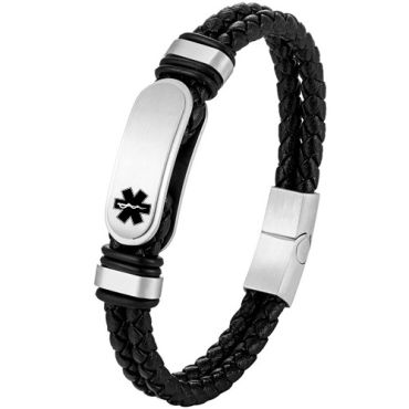 ***COI Titanium Black/Gold Tone/Silver Medical Alert Genuine Leather Bracelet With Steel Clasp(Length: 8.27 inches)-02022A