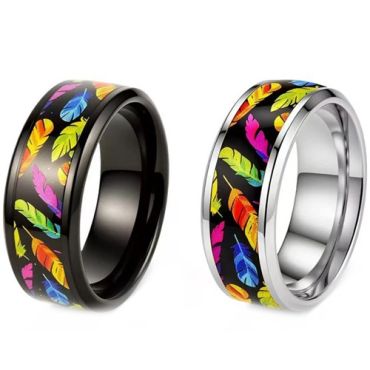 ****COI Titanium Black/Silver Rainbow Pride Beveled Edges Ring-02025A