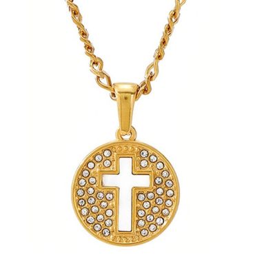 ****COI Gold Tone Titanium Cross Pendant With Cubic Zirconia-02030A