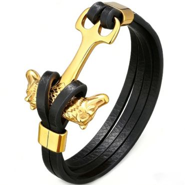 ****COI Gold Tone Titanium Anchor Genuine Leather Bracelet With Steel Clasp(Length: 7.87 inches)-02041A