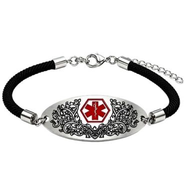 ****COI Titanium Black Silver Medical Alert Genuine Leather Bracelet With Steel Clasp(Length: 8.27 inches)-02042A