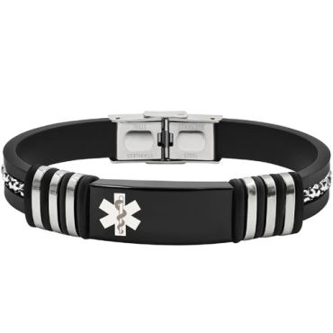 ****COI Titanium Black Silver Medical Alert Genuine Leather Bracelet With Steel Clasp(Length: 8.27 inches)-02044A
