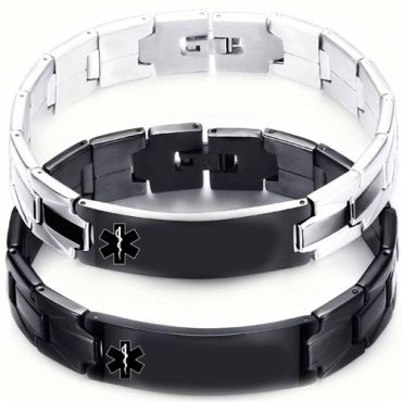 ****COI Titanium Black Silver/Black Medical Alert Bracelet With Steel Clasp(Length: 7.87 inches)-02045A