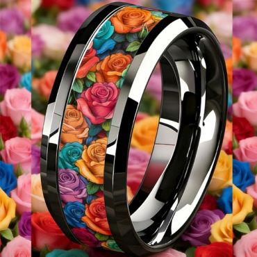 COI Titanium Rainbow Floral Rose Beveled Edges Ring-02060A