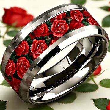 COI Titanium Red Rose Floral Beveled Edges Ring-02061A