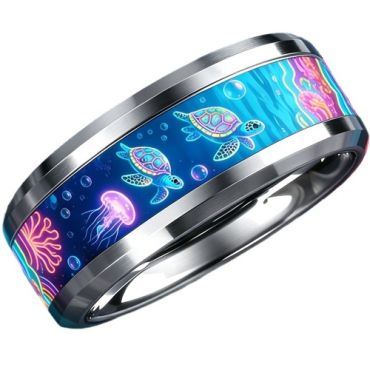****COI Titanium Turtle Jellyfish Sea & Carol Beveled Edges Ring-02064A