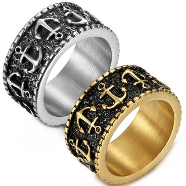 ****COI Titanium Black Gold Tone/Silver Anchor Ring-02099A