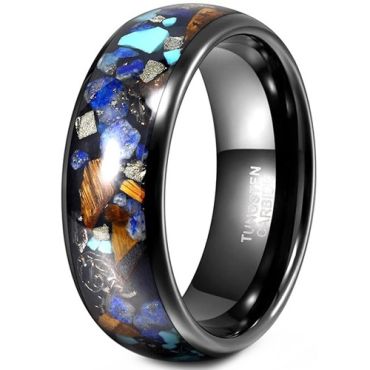 ****COI Black Tungsten Carbide Crushed Opal Koa Wood Turquoise Meteorite Dome Court Ring-02101A