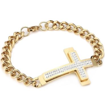 ****COI Titanium Gold Tone/Silver Cross Cubic Zirconia Bracelet With Steel Clasp(Length: 8.27 inches)-02114A