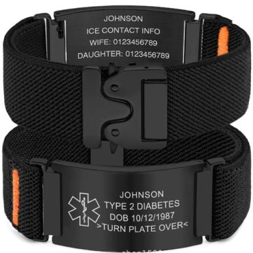 ****COI Black Titanium Medical Alert Nylon Fabric Bracelet With Steel Clasp(Length: 8.27 inches)-02118A