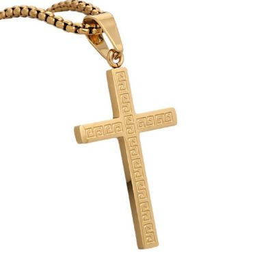 ****COI Titanium Black/Gold Tone/Silver Greek Key Pattern Cross Pendant-02128A