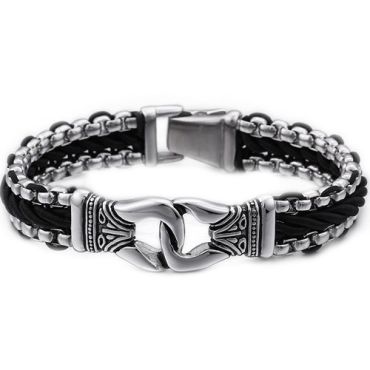****COI Titanium Black Silver Genuine Leather Bracelet With Steel Clasp(Length: 8.66 inches)-02155A