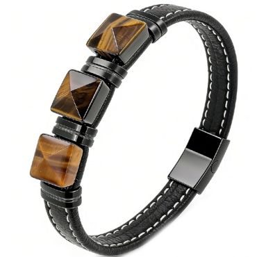 ****COI Titanium Tiger Eye/White Turquoise/Green Malachite Genuine Leather Bracelet With Steel Clasp(Length: 8.27 inches)-02156A